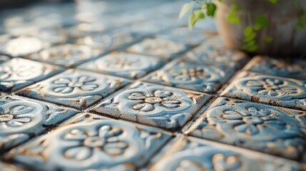 Wall Mural - A tile floor with a blue floral design