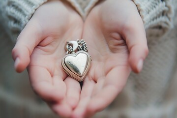 Wall Mural - cropped photo of someone holding a small heart locket,