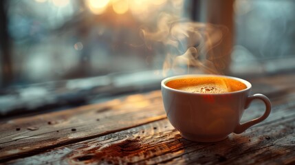 A white coffee cup with steam rising from it sits on a wooden table