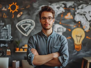 Poster - Proud Young Entrepreneur Stands Before Startup Logo Embodying New Business Success