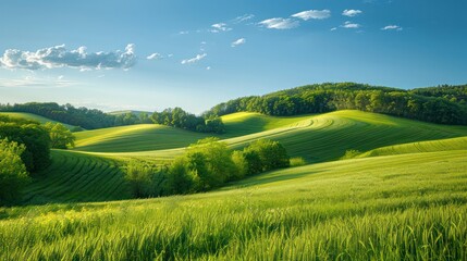 A serene countryside scene with rolling hills and a clear blue sky.