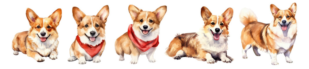 Poster - Cute corgi watercolor wearing red scarf png element set on transparent background