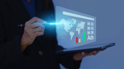 Poster - Online marketing and website advertising concept. Business woman using laptop with digital marketing strategy analysis to promotion of products or services through digital channels.