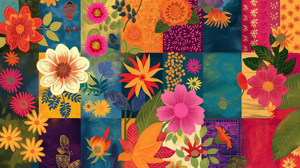 Wall Mural - A colorful patchwork of flowers and leaves