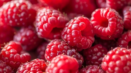 Full frame closeup of fresh ripe red healthy raspberries in pile on stall