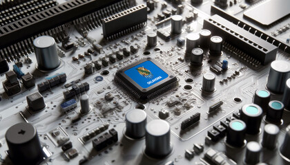 Close-up of a microchip with the Oklahoma flag, highlighting Oklahoma leadership in technology and electronics