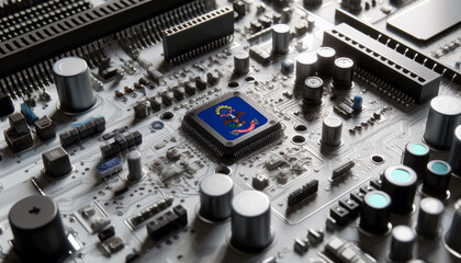 Close-up of a microchip with the North Dakota flag, highlighting North Dakota leadership in technology and electronics