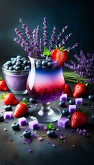 Wall Mural - A lavender cocktail in a glass with lavender, blueberries, and strawberries, and lavender sprigs. The drink is presented in a glass mug with lavender sprigs, blueberries, sugar cubes, and strawberries