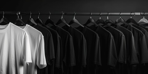 Wall Mural - collection of black and white t-shirts hanging on hangers, close-up view.