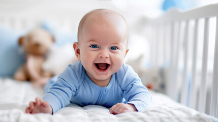 Wall Mural - A little cheerful boy in a white sunny bedroom. A newborn baby is resting in a crib. A newborn baby on his stomach. Children's room. Textiles and bed linen for children. Family morning at home