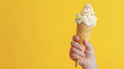 Children's hand holds delicious vanilla ice cream cone on a bright yellow background.