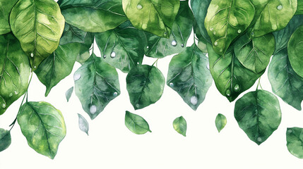 Wall Mural - A painting of green leaves with water droplets on them