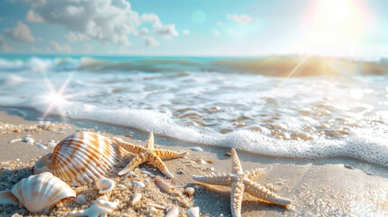 Seashells and Starfish on Sunlit Tropical Beach