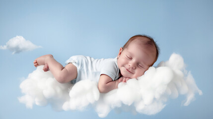 a cute newborn baby sleeps on a white air cloud. a sleeping baby in a white bodysuit on a blue backg