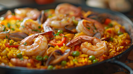 Wall Mural - Close up of sizzling shrimp paella. Generative by AI