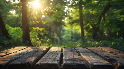 Sticker - Rustic Outdoor Picnic Table in Dappled Sunlight of Forest Background for Product Display