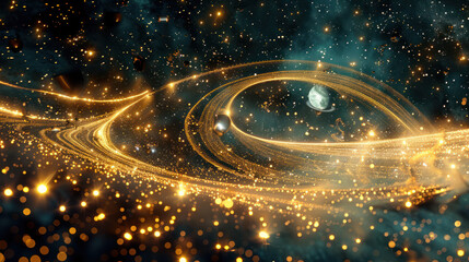 Wall Mural - A digital illustration depicting a cosmic scene with golden light trails and a large planet in the distance