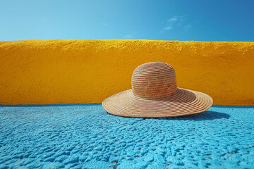 view from the bottom of beach sombrero hat and cloudless clean blue sky, in blue and yellow colors, minimalistic style, summer wallpaper, travel poster background