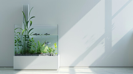 Clear water tank for fish stands on white wall