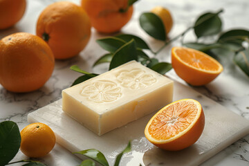 close-up of white citrus-scented soap with orange design on marble surface, accompanied by orange sl