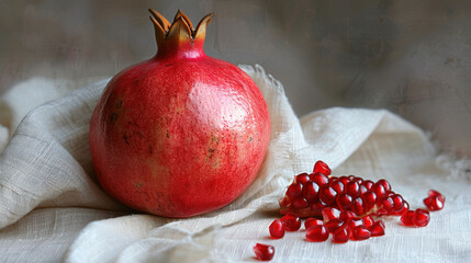 Wall Mural - A single, whole, red pomegranate rests on a white cloth, with some seeds scattered around it