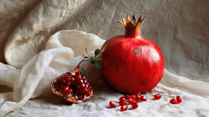 Wall Mural - A ripe pomegranate and a cut open pomegranate with red seeds on a white fabric surface