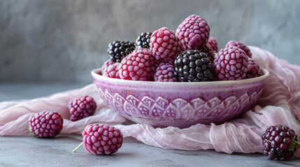 Wall Mural - A close-up image of a purple bowl filled with fresh blackberries, some purple and some black, resting on a pink cloth