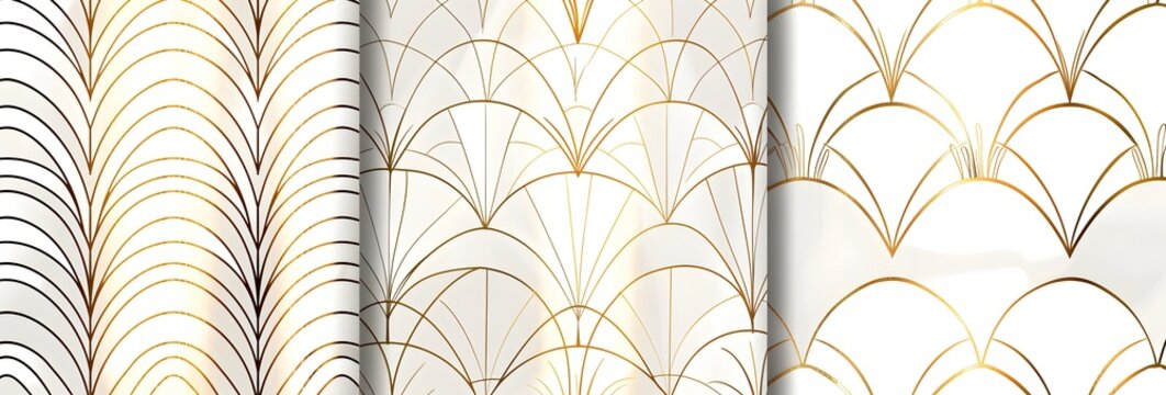 set of three seamless patterns in white, black and gold featuring an elegant geometric pattern with thin lines on each one
