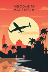 Wall Mural - Welcome to Valencia, Spain. Retro city poster with abstract shapes of skyline, buildings, plane flying over. Vintage airlines travel vector illustration