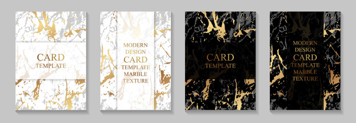 Modern card templates with trendy golden marble texture on a black and white backgrounds.