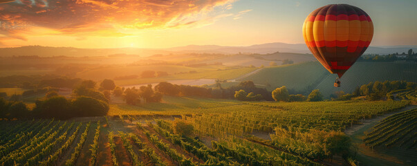 Poster - A hot air balloon floating over a vineyard, the sun rising in the distance.