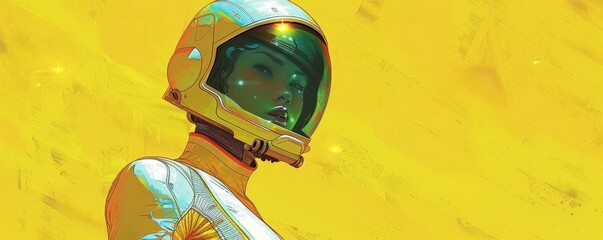 Digital artwork of a futuristic astronaut in a spacesuit with a vivid yellow background, evoking a sense of exploration and adventure.