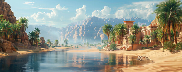 A mystical oasis appears in the heart of a desert, surrounded by shimmering sands and lush palm trees.