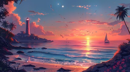 Seaside sunset vacation illustration poster background