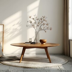 Wall Mural - Stylish Mid Century Modern Wooden Table with Tapered Legs in Cozy Living Room Setting