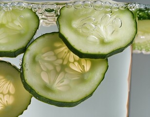 Wall Mural - Refreshing Hydration: Cucumber Slices Floating in Bubbled Water