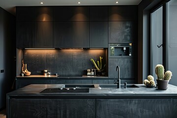 Wall Mural - Modern kitchen with black cabinets and large island for cooking and dining