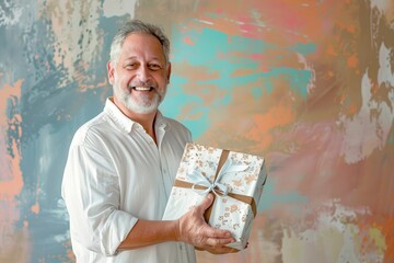 Wall Mural - Portrait of a happy man in his 60s holding a gift in front of pastel or soft colors background