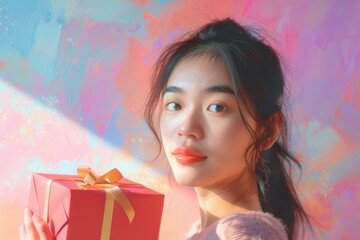 Wall Mural - Portrait of a glad asian woman in her 20s holding a gift while standing against pastel or soft colors background