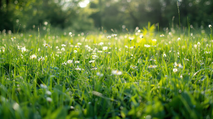 Wall Mural - A close-up photo of a lush green field with white daisies and tall grass, bathed in the warm glow of the afternoon sun