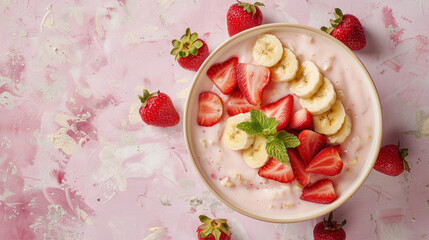 Wall Mural - A close-up overhead view of a bowl filled with creamy yogurt, sliced strawberries, banana slices, and a sprig of mint