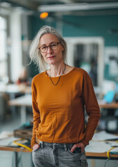 Attractive older woman standing casually in a professional setting, 'meet the team; style photography, age positive, portrait 5:7