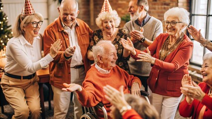 Wall Mural - Smiley happy seniors dancing and having fun celebrating party in nursing home, elderly people enjoying a lively social activity gathering 