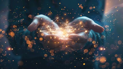 Wall Mural - hands holding glowing network connections, symbolizing the global reach and connectivity in digital marketing.