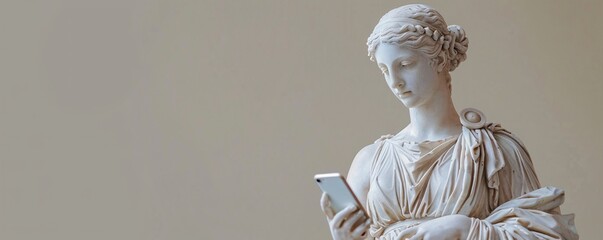 Against a clean background, a marble statue of a Greek goddess holds a smartphone, her expression serene as she engages with social media. The combination of ancient and modern elements, along with