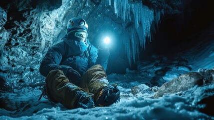 The image shows a man in a cave. The man is wearing a headlamp and is holding a flashlight. The cave is dark and icy. The man is looking around the cave.