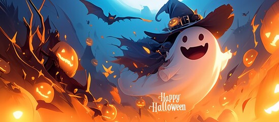 Smiling Ghost with Witch Hat and Cape, with 'Happy Halloween' Message, Forest Surrounded by Jack-o'-Lanterns, Full Moon, Bat, Copy Space.