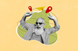 © deagreez - Collage elder funky joyful pensioner dance travel agency tourist summer vacation fly abroad departure gps location paper airplane