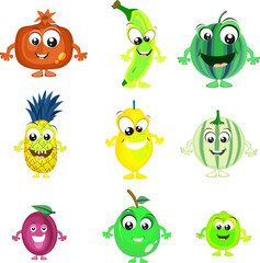 Sticker - Set of nine colorful fruits characters in laughing way on png background.