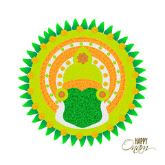 Sticker - Happy Onam Greeting Card with Creative Atham (Rangoli) and Kathakali Dancer Face on Png Background.